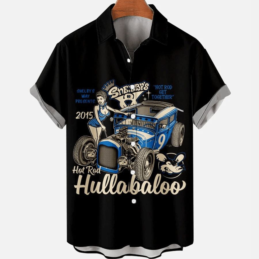 Hullaballo Car Men's All Over Letter Poster Print Street, Trendy Hawaiian Shirt Vintage, Hawaii Shirts Mens
