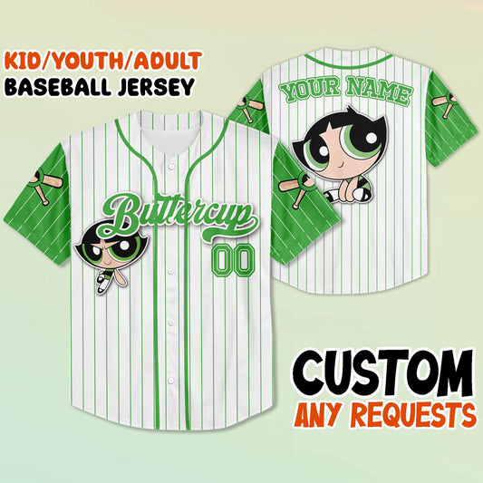 Custom Buttercup Baseball Jersey, Kid Youth Adult Jersey, Personalized Name Number Shirt, Power Cartoon Team Jersey, Gift for Fans