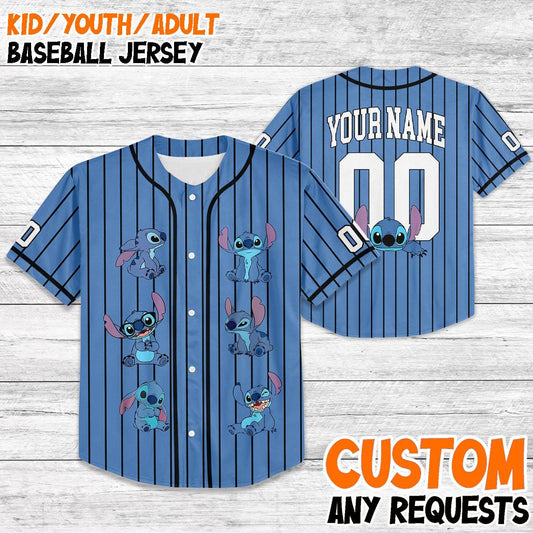Custom Stitch Baseball Jersey, Kids Youth Adult Matching Outfit, Disney Trip 2025 Shirt, Personalized Lilo & Stitch Jersey