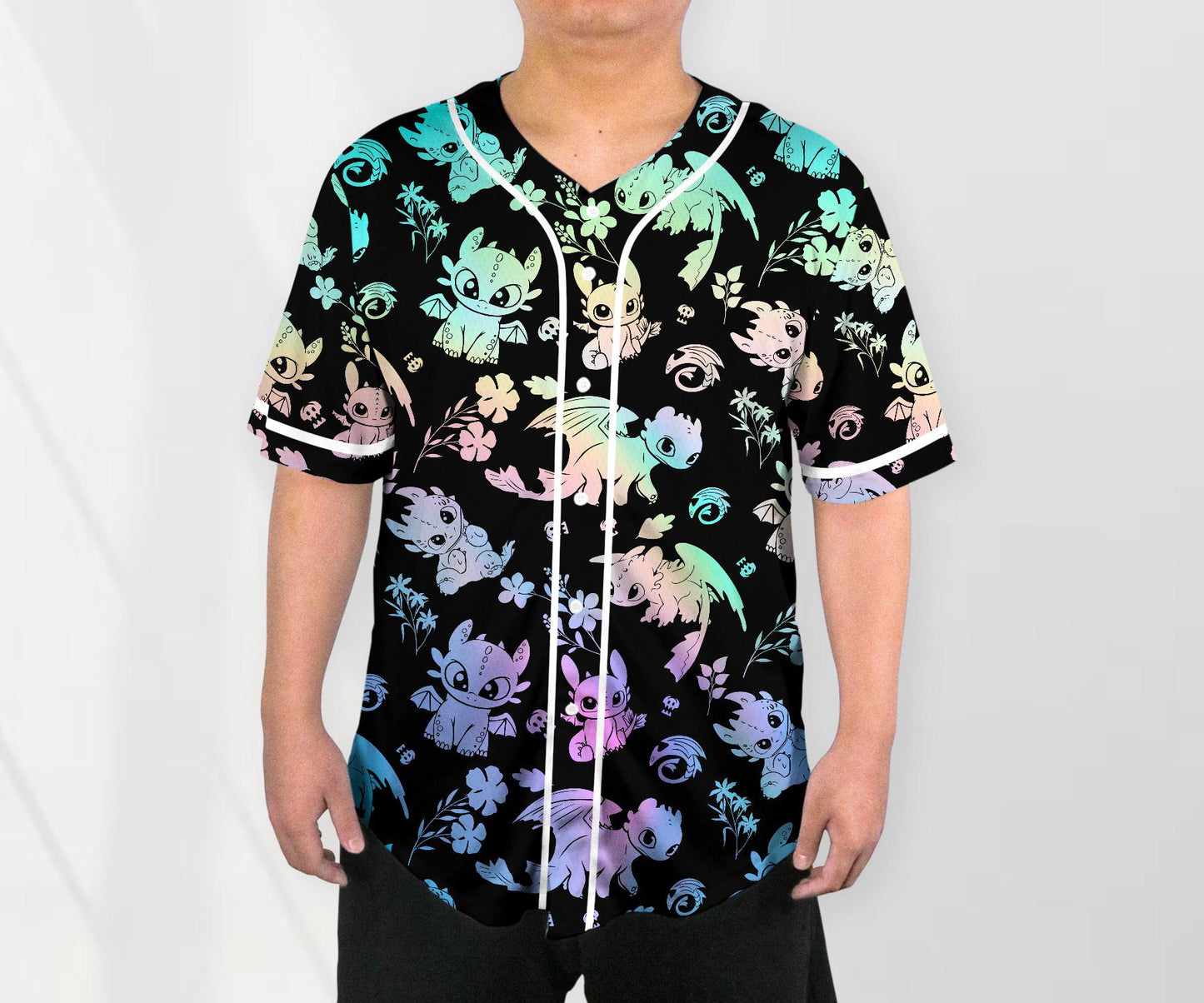Toothless Baseball Jersey Shirt, Cute Dragon Button Up Shirt, Pastel Dragon Jersey Gift for Adults, Unisex Dragon Shirt