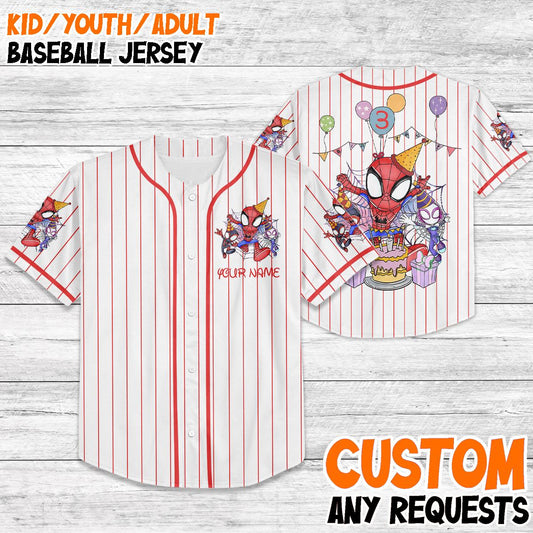 Custom Spider-Man Birthday Baseball Jersey, Kid Party Shirt, Spidey Birthday Outfit, Matching Family Disney Trip 2025 Jersey