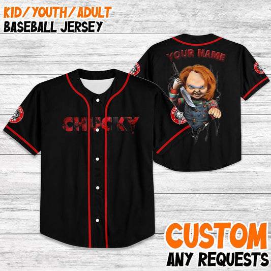 Custom Chucky Baseball Jersey, Kids Youth Adult Horror Jersey, Personalized Halloween Shirt, Scary Movie Costume Jersey Tee