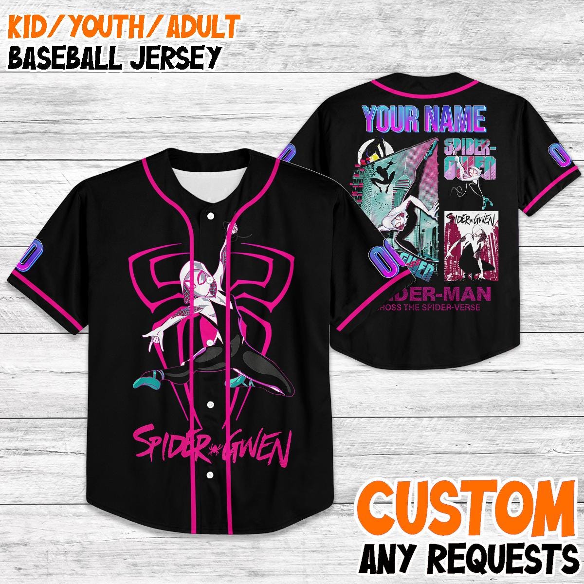 Custom Spider-Gwen Baseball Jersey, Kids Youth Adult Matching Outfit, Disney Trip 2025 Shirt, Personalized Spider-Verse Jersey
