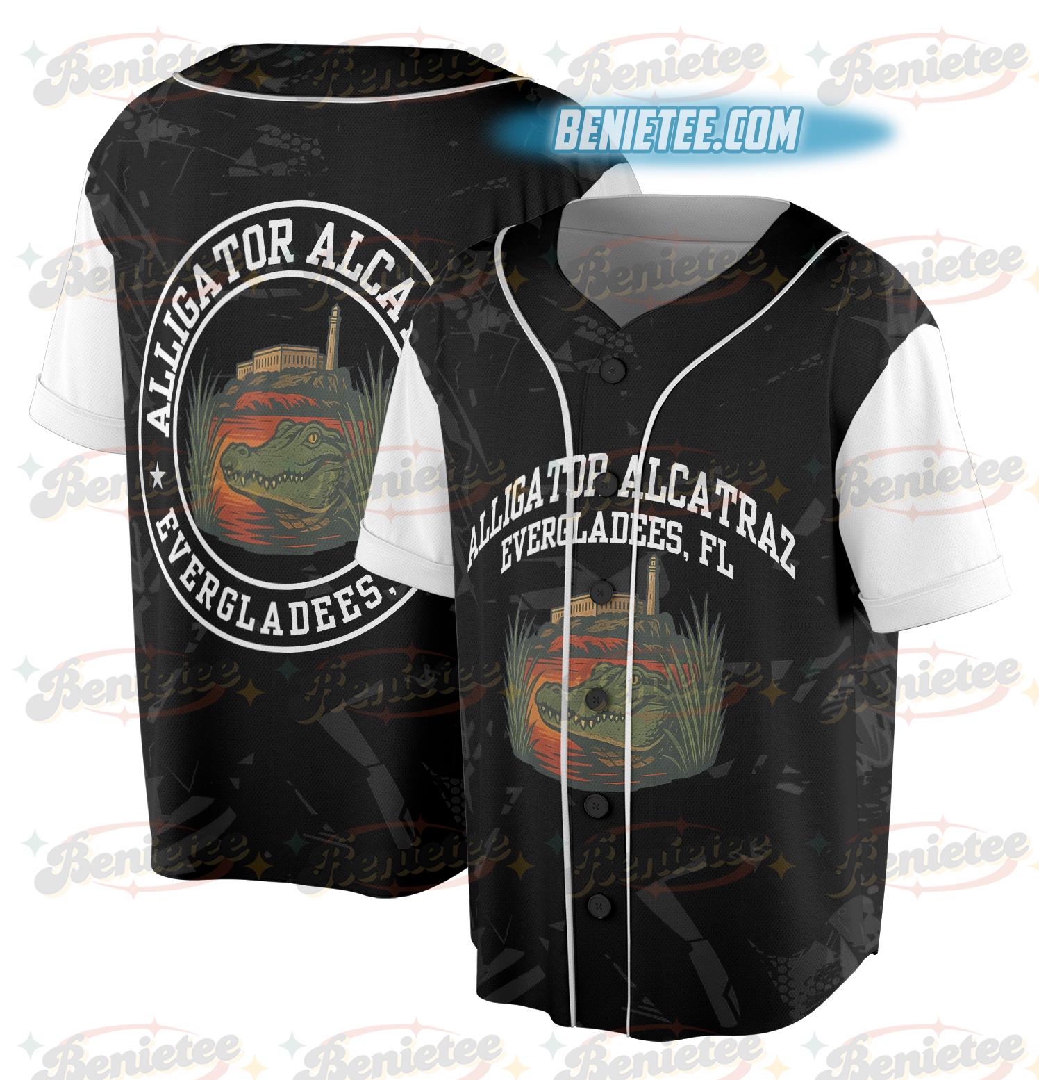 Alligator Alcatraz Basebal Jersey, Funny Animal Graphic Tee, Tropical Island, San Francisco Landmark