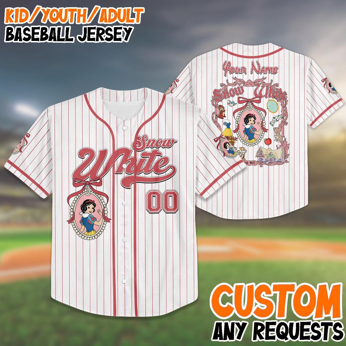 Custom Snow White Baseball Jersey, Personalized Family Matching Shirt, Disney Trip 2025 Outfit, Kid Youth Adult Sizes