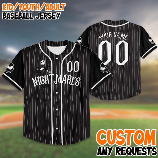 Custom Birthday Baseball Jersey, Jack Skellington Pinstripe Shirt, Personalized Name Number, Spooky Birthday Gift, Halloween Party
