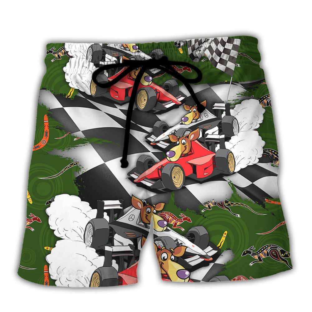 Kangraroo Racing Formula One Car Racing Australian Art Vibe Trendy Aloha Hawaiian Beach Shorts