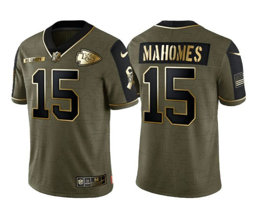 kansas city chiefs #15 patrick mahomes 21 Salute Gold Text