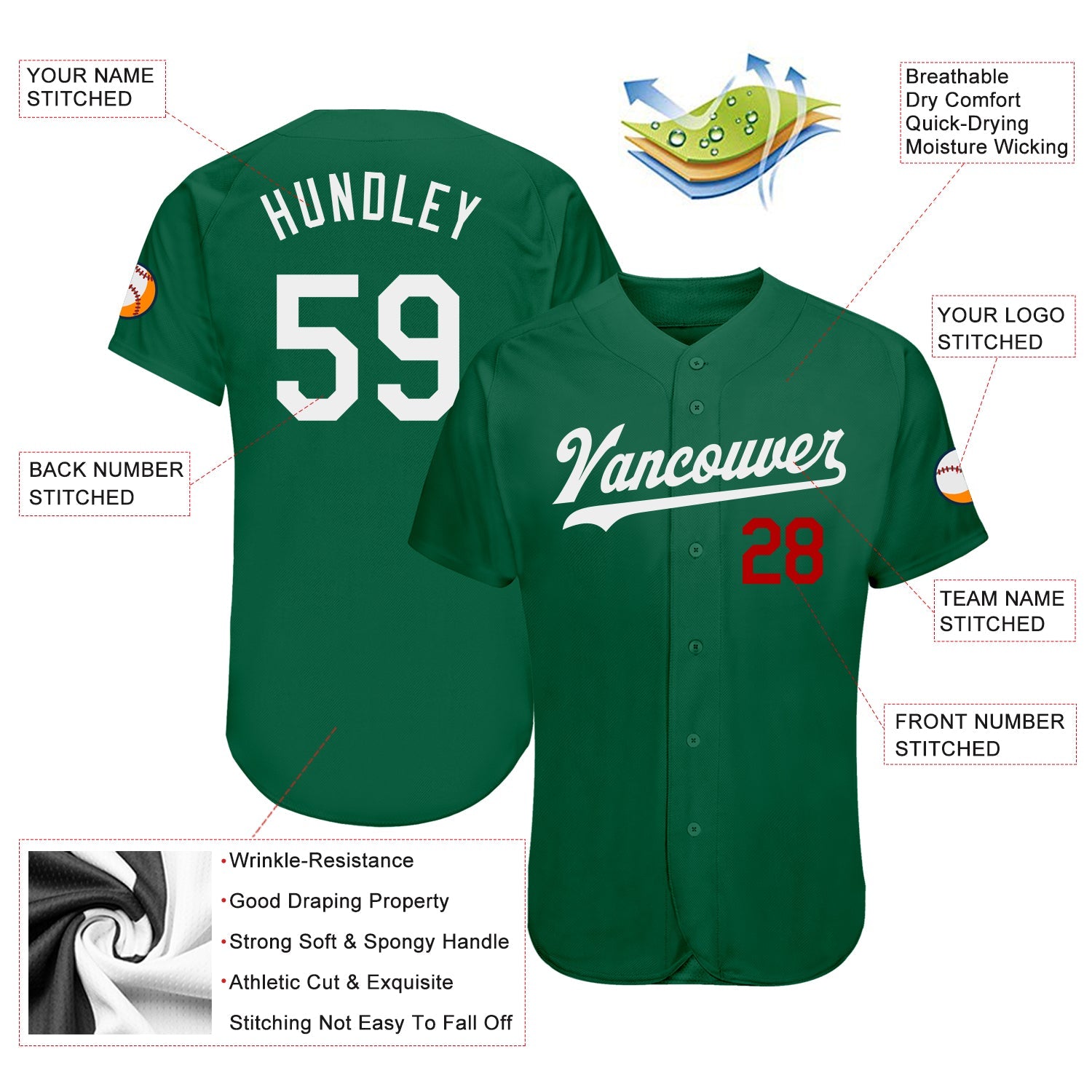 Custom Kelly Green White-Red Authentic Baseball Jersey