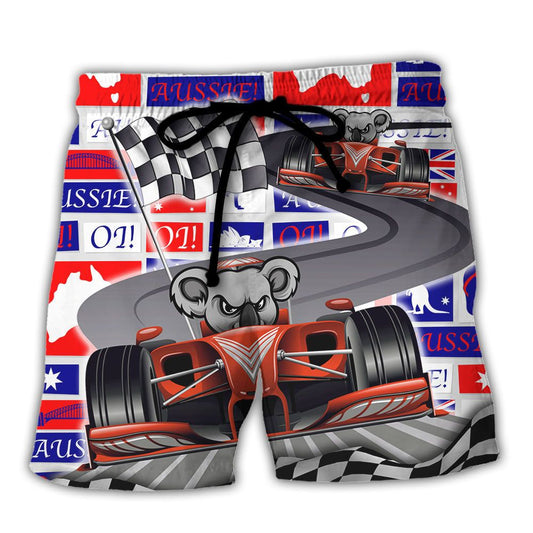 Koala Racing Formula One Car Racing Art Australian Vibe Trendy Aloha Hawaiian Beach Shorts