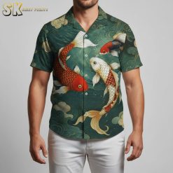 Men's Koi Fish Hawaiian Fishing Shirts - Traditional Asian Art Button Down Tropical Beach Shirt