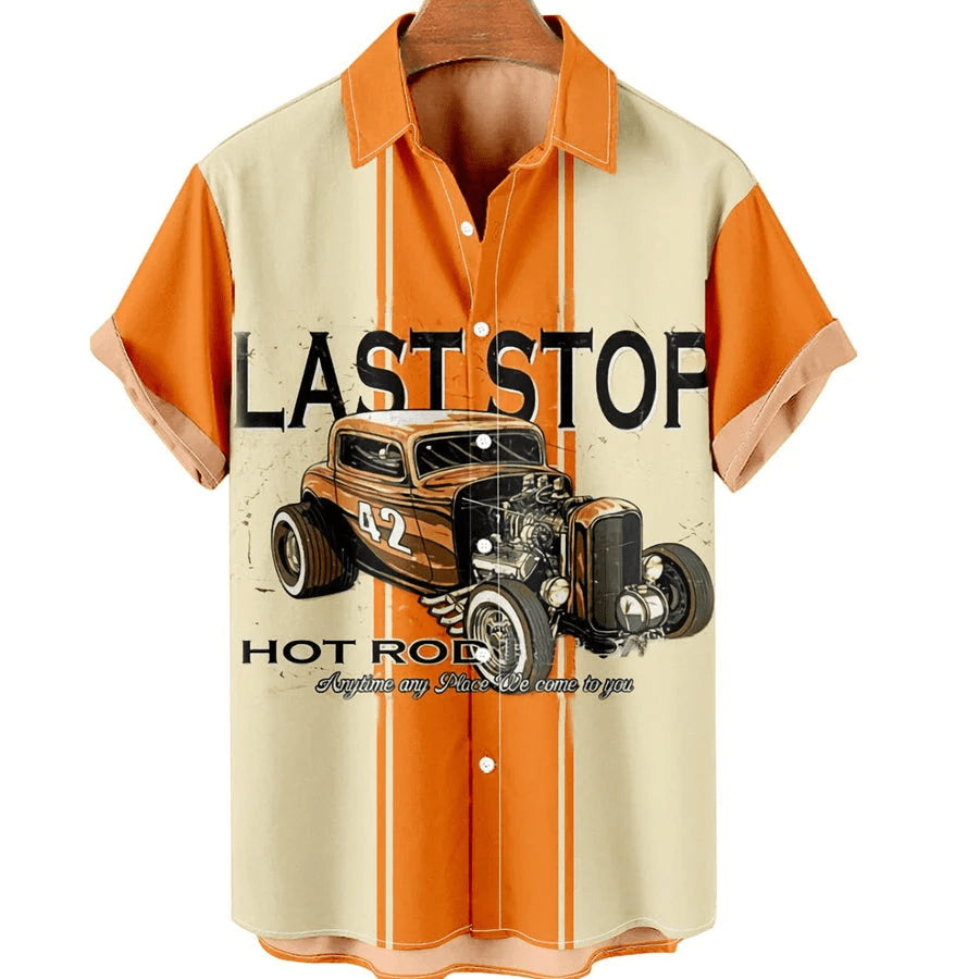 Last Stop Men's Retro Car Casual Contrast Shirt, Trendy Hawaiian Shirt Vintage, Hawaii Shirts Mens