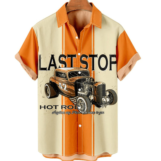 Last Stop Men's Retro Car Casual Contrast Shirt, Trendy Hawaiian Shirt Vintage, Hawaii Shirts Mens