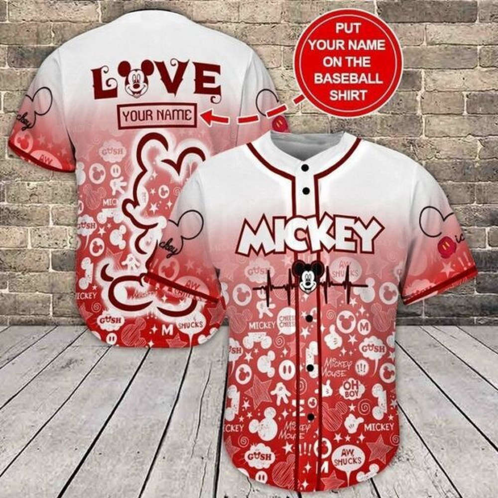 Personalized Love Mickey Baseball Jersey - Custom Name White Red Gift for Lover - Bafud