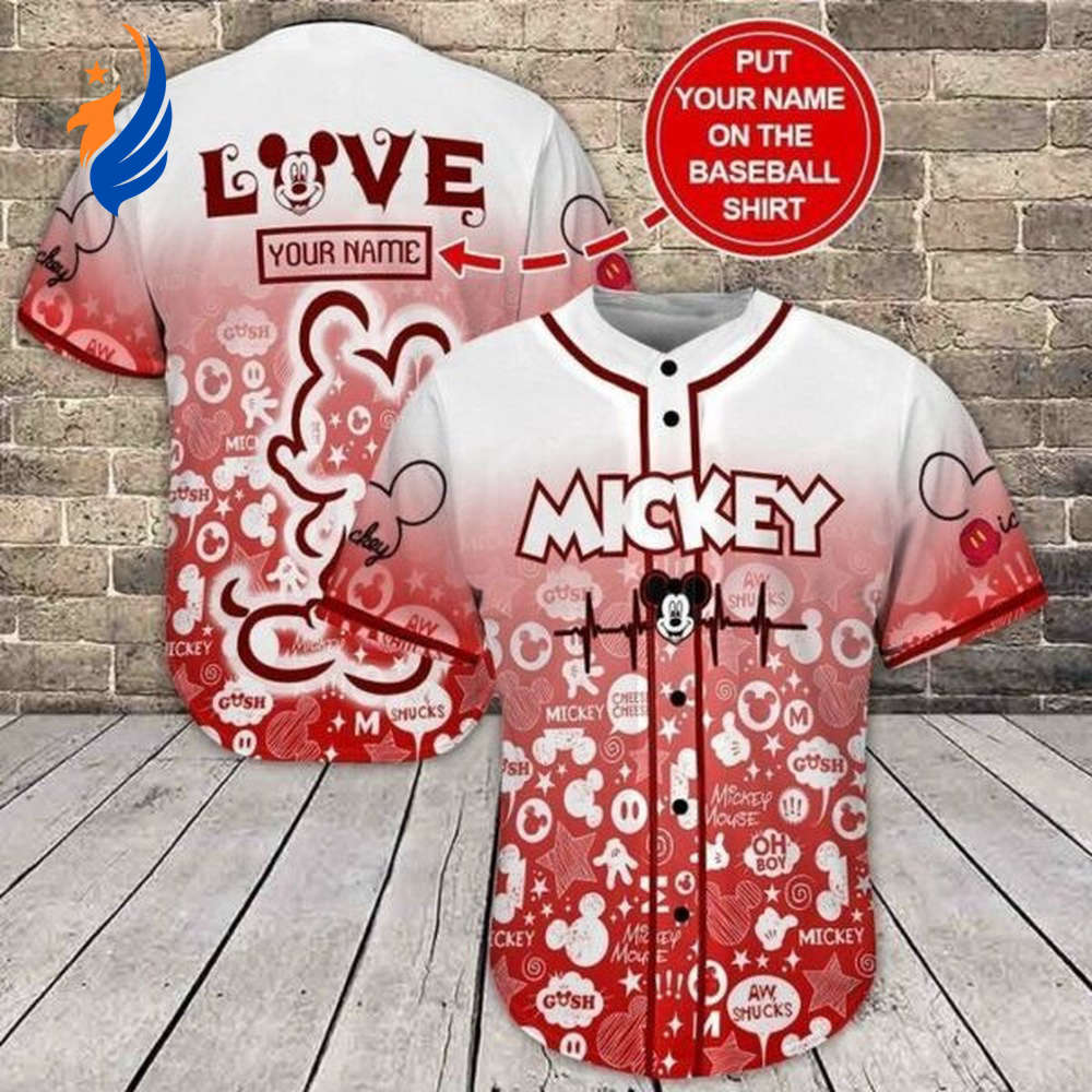 Personalized Love Mickey Baseball Jersey: Custom White Red Gift for Lovers - Bafud