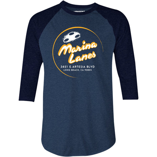 Marina Lanes - Long Beach, CA - Vintage Bowling Alley - 3/4 Sleeve Raglan T-Shirt