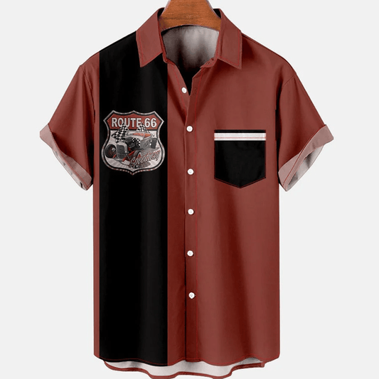 Mens Route 66 Vintage Cars Print Casual Breathable Chest Pocket Short Sleeve Hawaiian Shirts