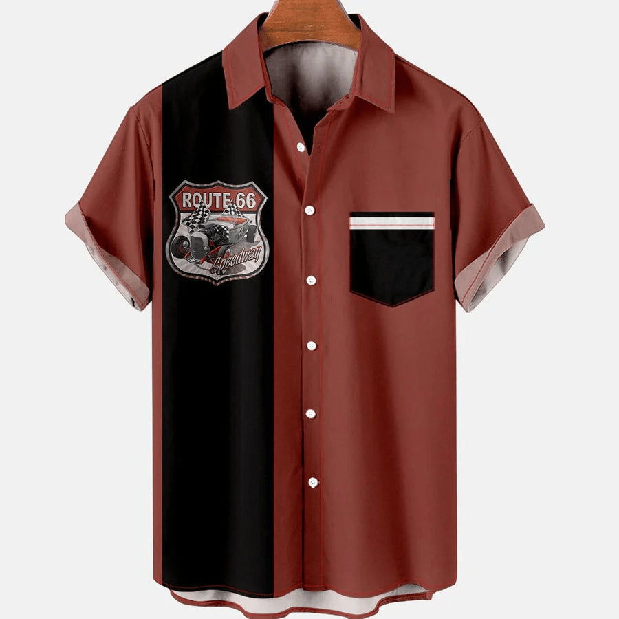 Men's Route 66 Vintage Cars Print Casual Breathable Chest Pocket Short Sleeve Trendy Hawaiian Shirts