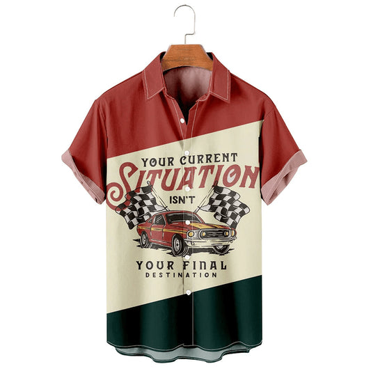 Men's Simple Contrast Color Car Pattern Casual Shirt, Trendy Hawaiian Shirt Vintage, Trendy Hawaiian Shirt For Men, Women