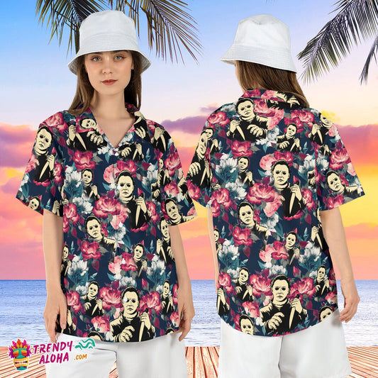 Michael Myers Floral Halloween Horror Movie Summer Aloha Tee