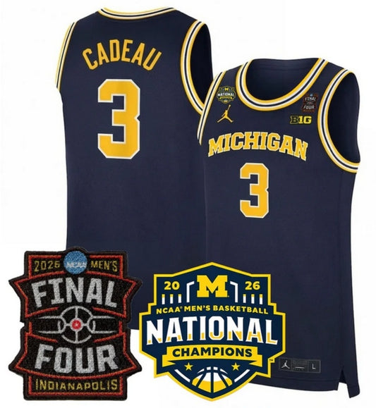 michigan wolverines #3 elliot cadeau navy 2025 26 final four & national champions
