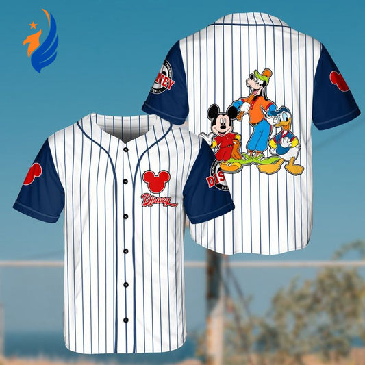 Mickey Mouse & Friends 3D Pinstripe Baseball Jersey - Disney Cartoon Graphics All Over Print - Bafud