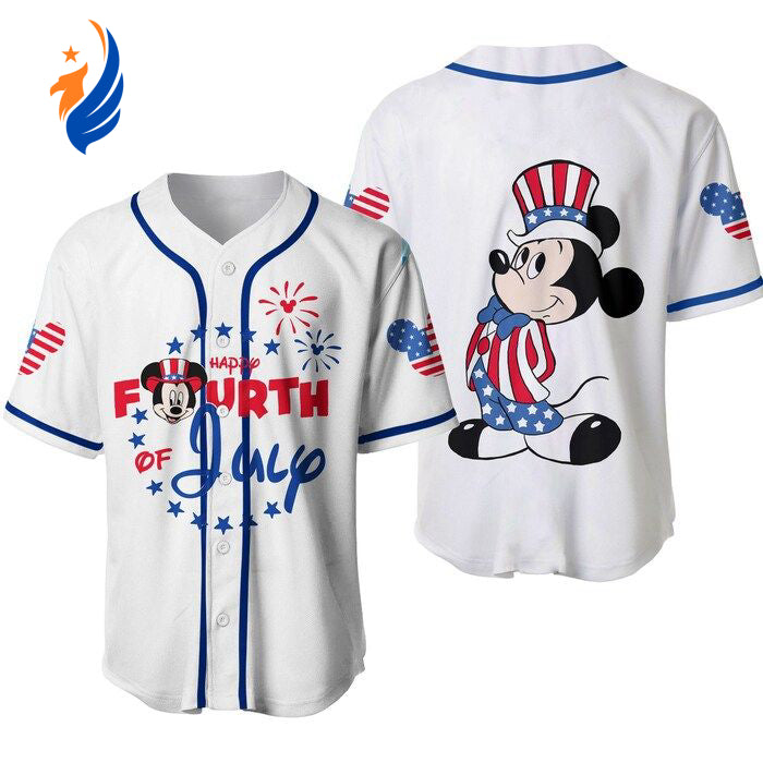 Mickey Mouse 4th Of July Baseball Jersey: White Blue Disney Cartoon Graphics - Custom Unisex Casual Outfit - Bafud