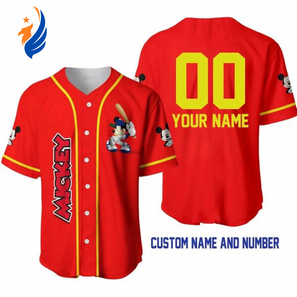 Custom Mickey Mouse Red Yellow Baseball Jersey - Disney Unisex Cartoon Gift with Personalized Name - Bafud