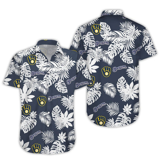Milwaukee Brewers Hawaiian Shirt Brewers Name Tropical Palm Leaves Black Hawaii Shirt Milwaukee Brewers Aloha Shirt