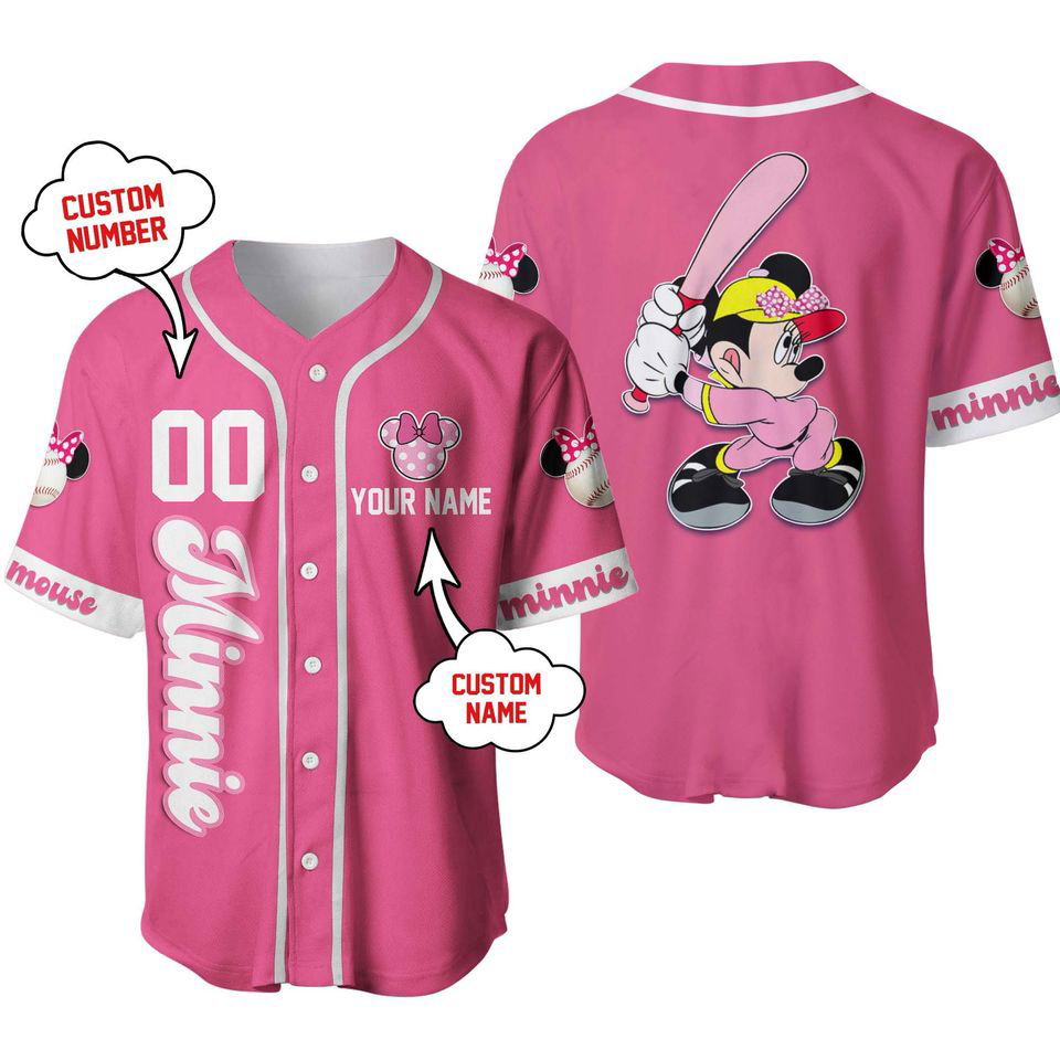 Minnie Mouse White Pink Disney Unisex Cartoon Graphic Casual Outfits Custom Baseball Jersey - lylyprint.com