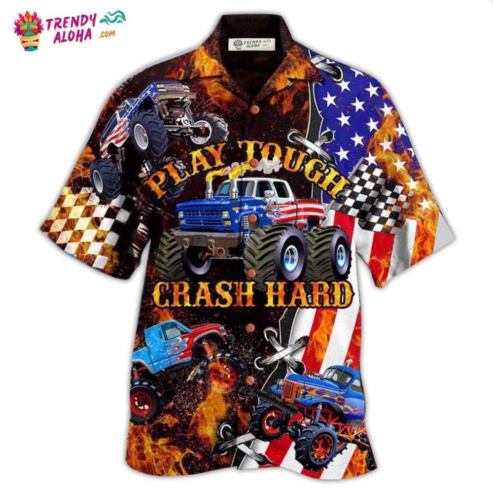 Monster Truck Fire Monster Truck Play Tough Crash Hard Hawaiian Shirt - Trendy Aloha