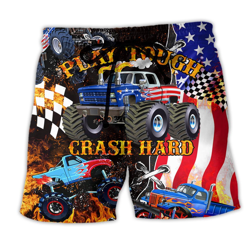 Monster Truck Play Tough Crash Hard America Trendy Aloha Hawaiian Beach Shorts
