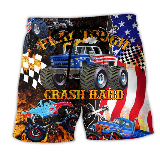 Monster Truck Play Tough Crash Hard America Trendy Aloha Hawaiian Beach Shorts