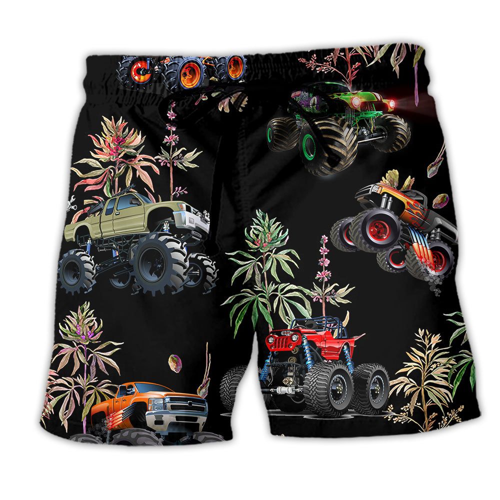 Monster Truck Tropical Leaf Summer Trendy Aloha Hawaiian Beach Shorts