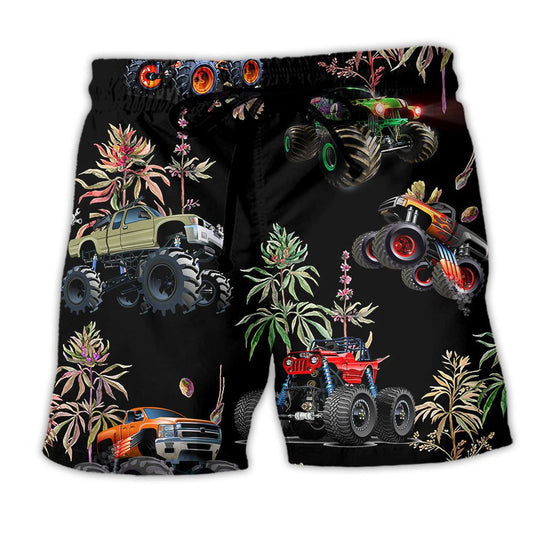 Monster Truck Tropical Leaf Summer Trendy Aloha Hawaiian Beach Shorts