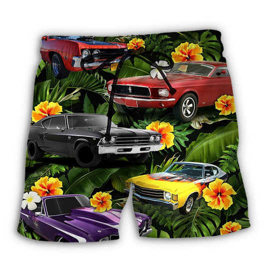 Muscle Car Tropical Vibe Trendy Aloha Hawaiian Beach Shorts