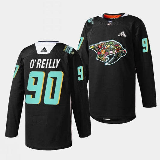 nashville predators #90 ryan o'reilly 2023 hispanic heritage night black jersey