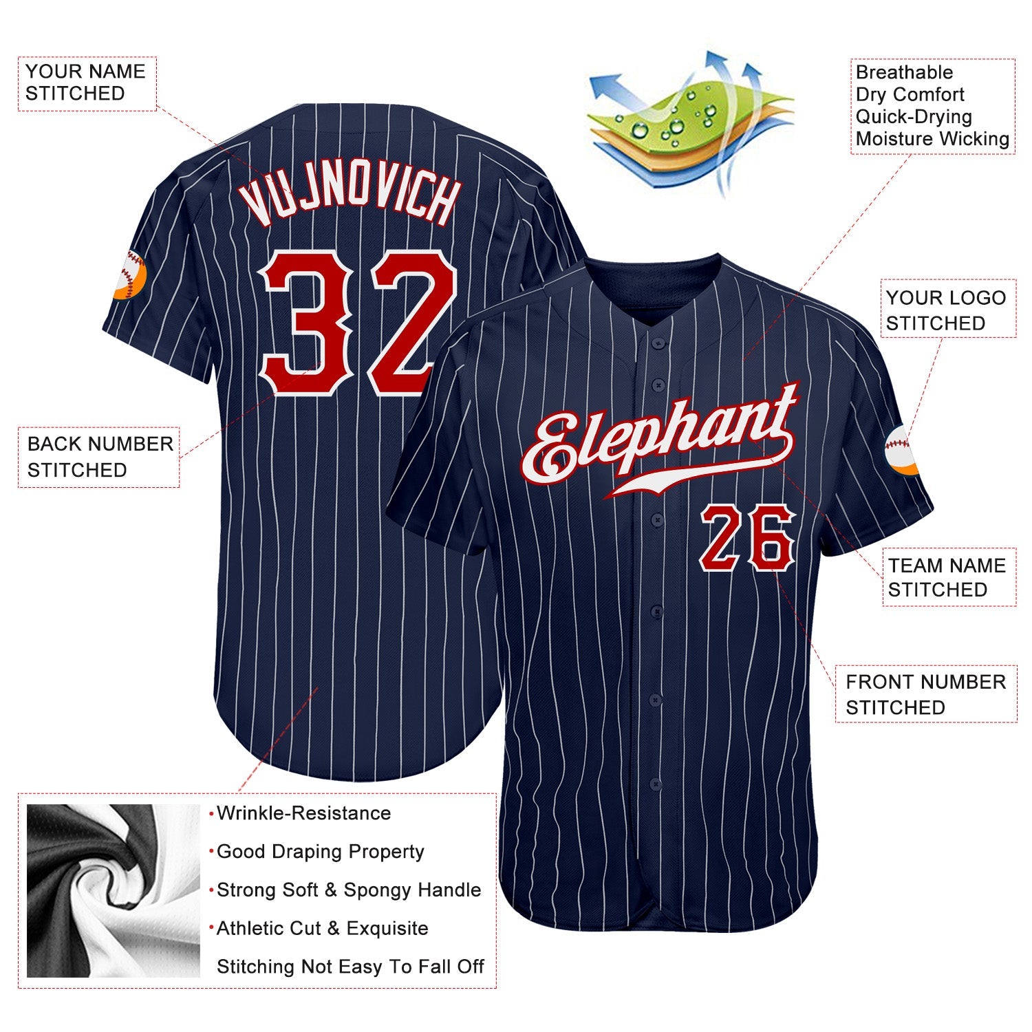 Custom Navy White Pinstripe Red-White Authentic Baseball Jersey