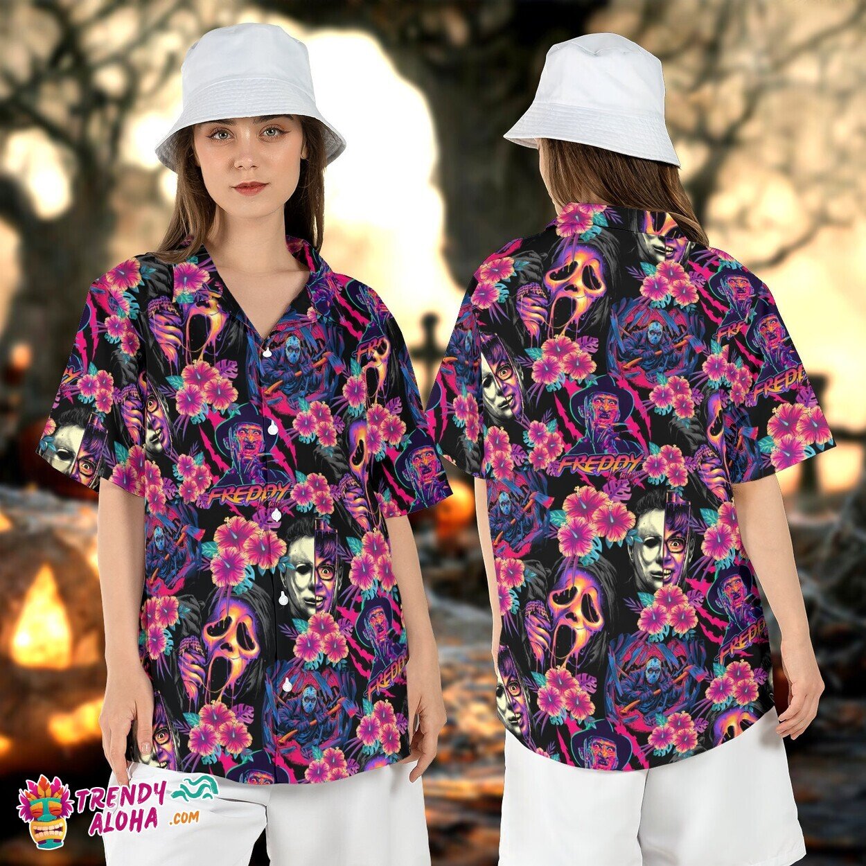 Neon Floral Horror Characters Hawaiian Horror Shirt Exclusive