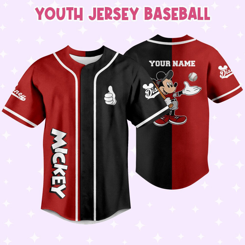 Custom Mickey Baseball Jersey - Personalize Red Black Outfit for Kids Youth & Adults - 3D Disney Gift for Fans - Bafud