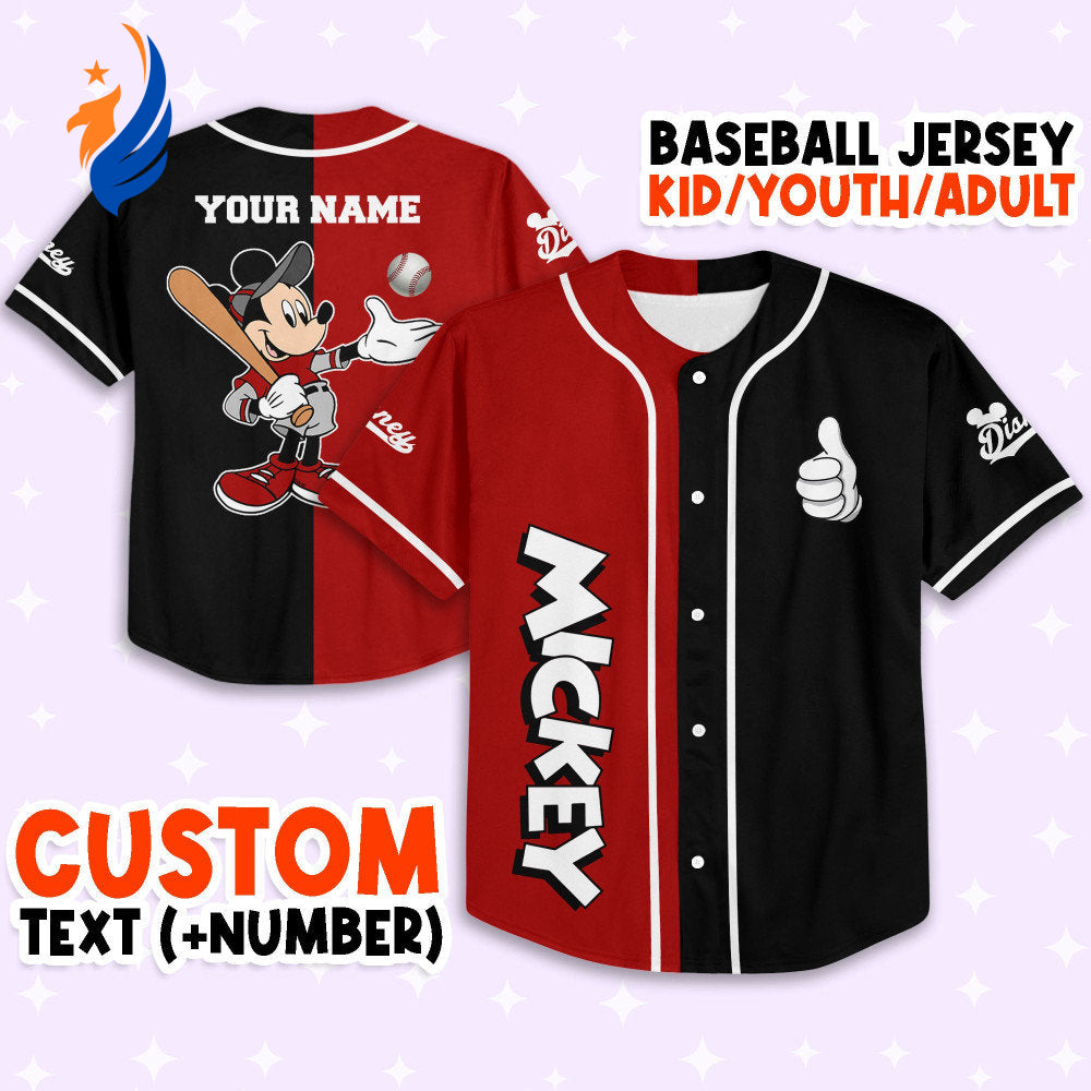 Custom Mickey Baseball Jersey - Personalize Red Black Outfit for Kids Youth & Adults - 3D Disney Gift for Fans - Bafud
