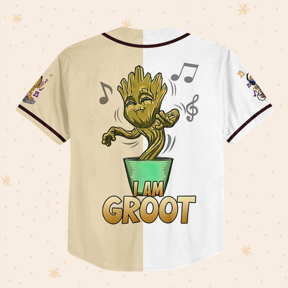Personalized Baby Groot Listening Music And Dancing Baseball Jersey - lylyprint.com