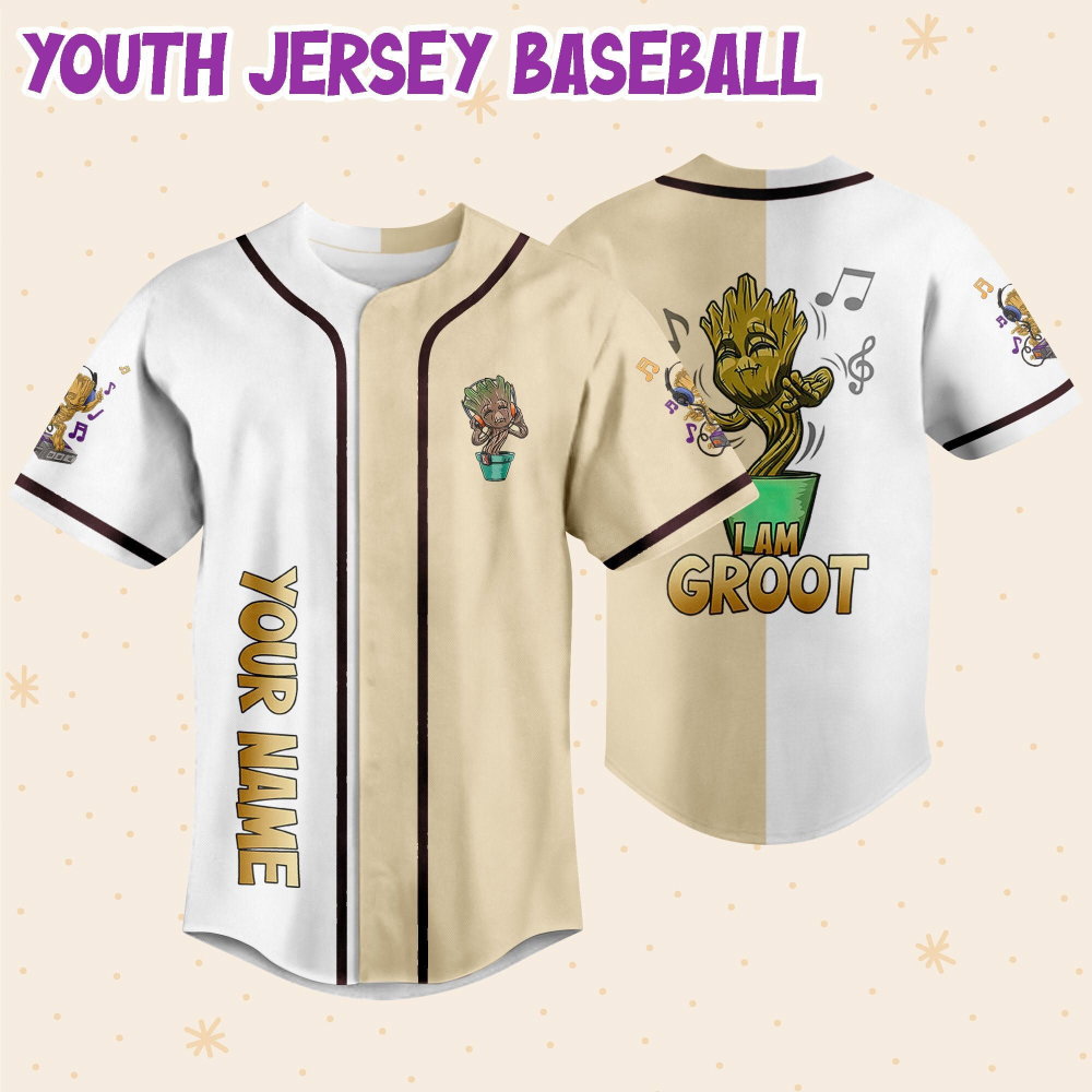 Personalized Baby Groot Listening Music And Dancing Baseball Jersey - lylyprint.com
