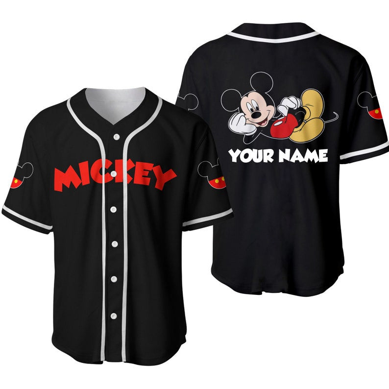Custom Happy Mickey Mouse Disney Baseball Jersey in Black - Personalized Fun for Disney Fans! - Bafud
