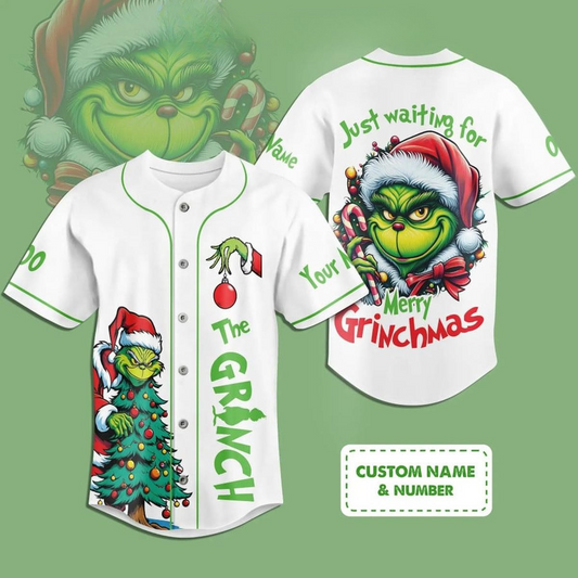 Personalized The Grinch Merry Christmas White Baseball Jersey