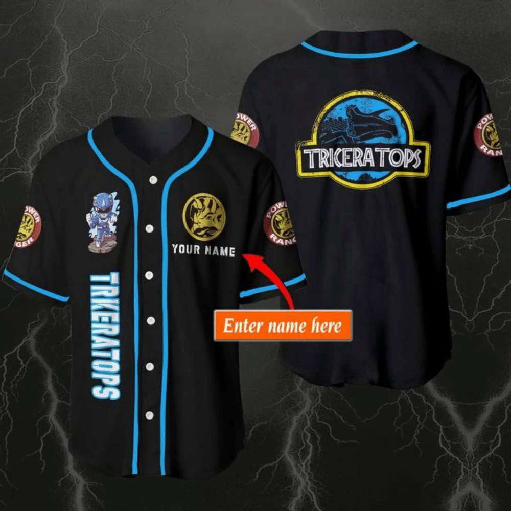 Personalized Triceratops Blue Superman Baseball Jersey - Aopprinter
