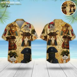 Pirate Cat Hawaiian Shirt Men Women Vintage Treasure Map Button Down Aloha Shirt Cat Lover Gift