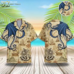 Octopus Pirate Hawaiian Shirt for Men - Nautical Treasure Map Button Down Short Sleeve Aloha Shirt