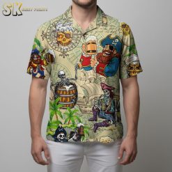 Pirate Skull Hawaiian Shirt For Men - Treasure Chest Beer Drinking Skeleton Button Down Short Sleeve
