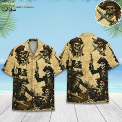 Pirate Skull Hawaiian Shirt for Men Women - Skeleton Pirates Treasure Map Button Down Short Sleeve Aloha Shirt